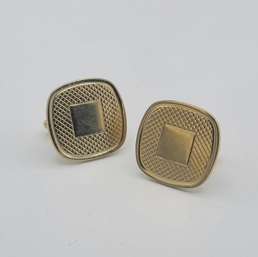 Gold Tone Cufflinks Crosshatch Textured Square Face Classic Midcentury Vintage